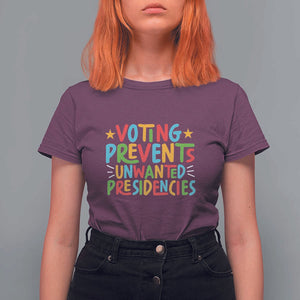 Voting Prevents Unwanted Presidencies T Shirt For Women Colorful US Presidential Election Political 2024 Star TS11 Maroon Print Your Wear