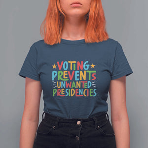 Voting Prevents Unwanted Presidencies T Shirt For Women Colorful US Presidential Election Political 2024 Star TS11 Navy Print Your Wear