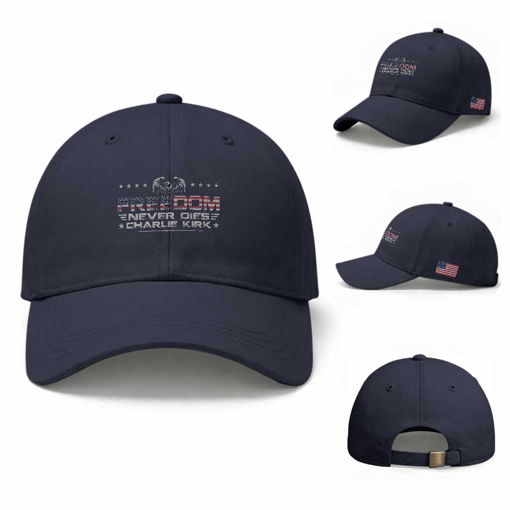 Freedom Never Dies Charlie Kirk Baseball Cap Vintage American Flag TS11 Baseball Cap Universal Fit Navy Print Your Wear