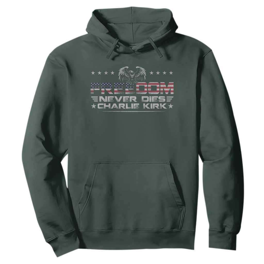 Freedom Never Dies Charlie Kirk Hoodie Vintage American Flag TS11 Dark Forest Green Print Your Wear