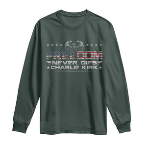 Freedom Never Dies Charlie Kirk Long Sleeve Shirt Vintage American Flag TS11 Dark Forest Green Print Your Wear