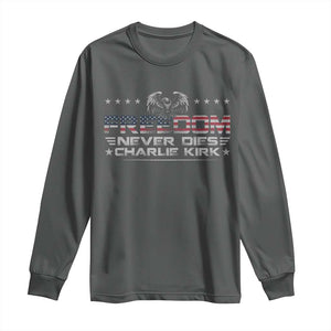 Freedom Never Dies Charlie Kirk Long Sleeve Shirt Vintage American Flag TS11 Dark Heather Print Your Wear