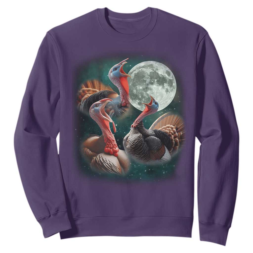 Funny Three Turkey Moon Sweatshirt Weird Cursed Thanksgiving Meme TS11 Purple Print Your Wear
