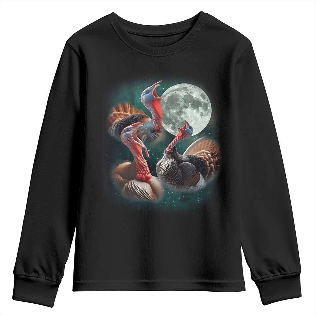 Funny Three Turkey Moon Youth Sweatshirt Weird Cursed Thanksgiving Meme TS11 Black Print Your Wear