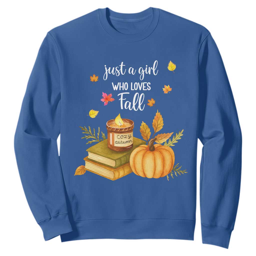 Just A Girl Who Loves Fall Sweatshirt Cozy Autumn Season TS11 Royal Blue Print Your Wear