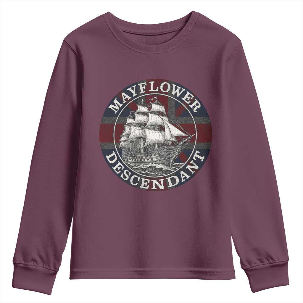 Mayflower Descendant Youth Sweatshirt Pilgrim Fathers Thanksgiving History TS11 Maroon Print Your Wear
