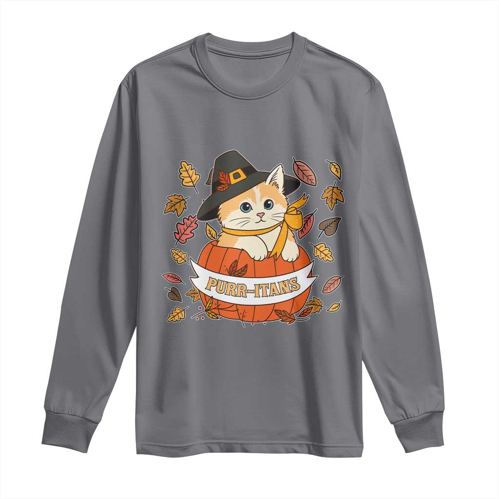 Funny Thanksgiving Cat Lover Long Sleeve Shirt Purritans Pilgrim Puritans Hat TS11 Charcoal Print Your Wear