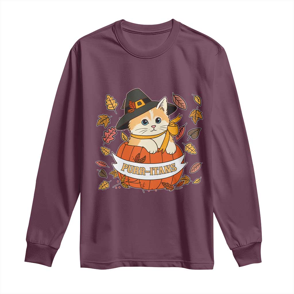 Funny Thanksgiving Cat Lover Long Sleeve Shirt Purritans Pilgrim Puritans Hat TS11 Maroon Print Your Wear