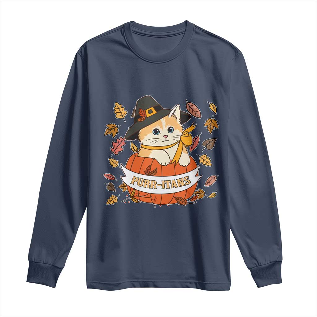 Funny Thanksgiving Cat Lover Long Sleeve Shirt Purritans Pilgrim Puritans Hat TS11 Navy Print Your Wear