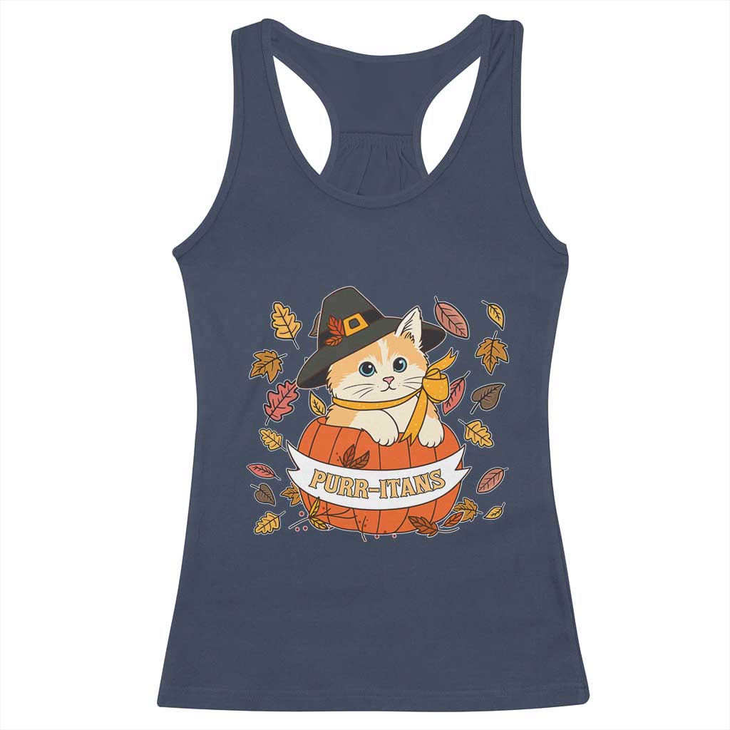 Funny Thanksgiving Cat Lover Racerback Tank Top Purritans Pilgrim Puritans Hat TS11 Navy Print Your Wear