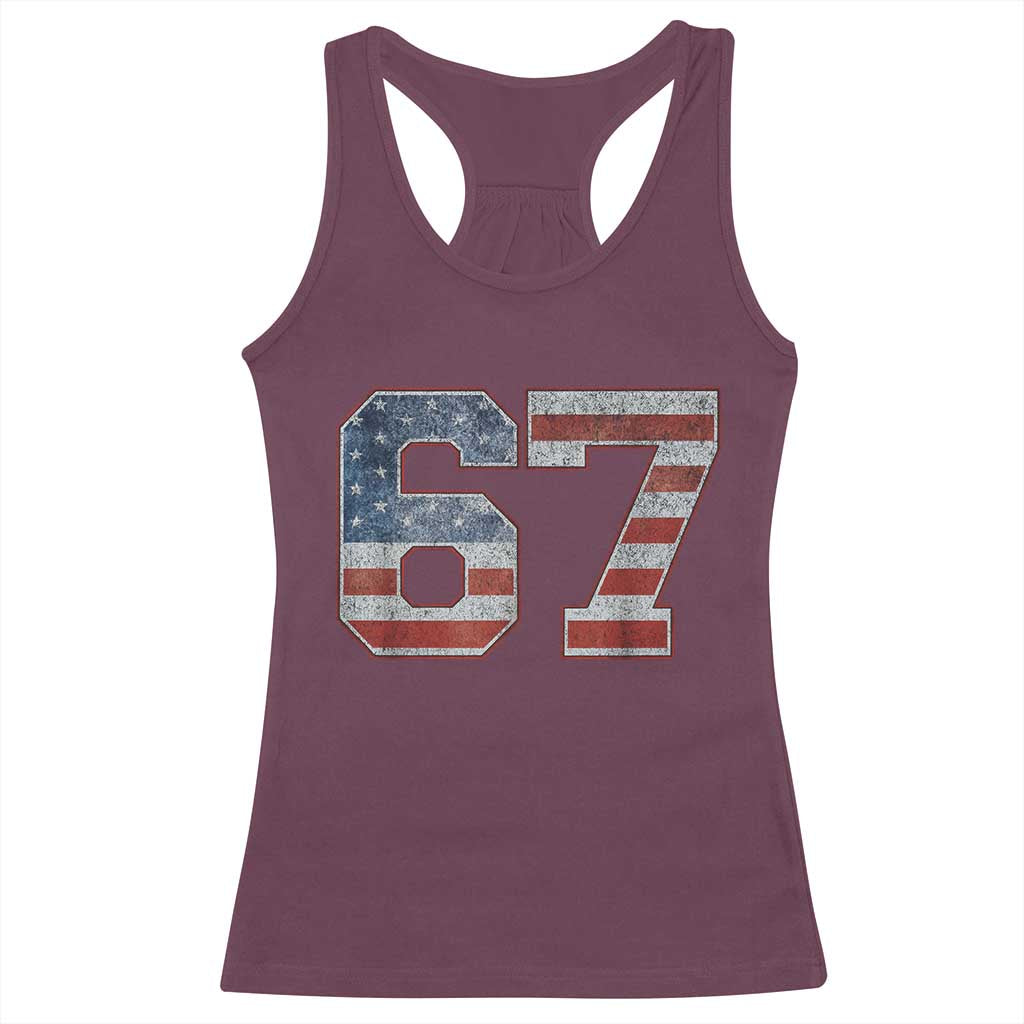 Funny Six Seven 67 Meme Vintage American Flag Racerback Tank Top TS11 Maroon Print Your Wear