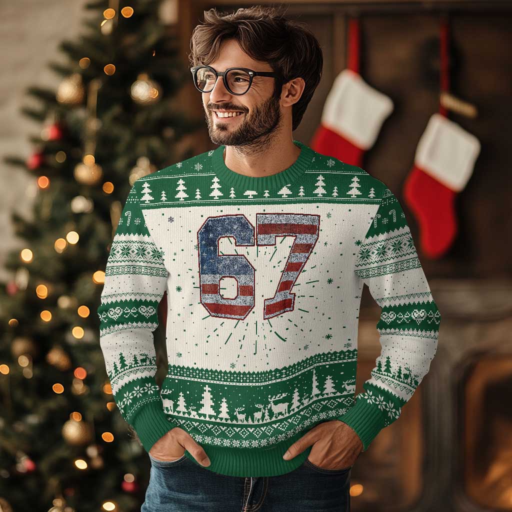 Funny Six Seven 67 Meme Vintage American Flag Knit Sweatshirt TS11 Green Print Your Wear
