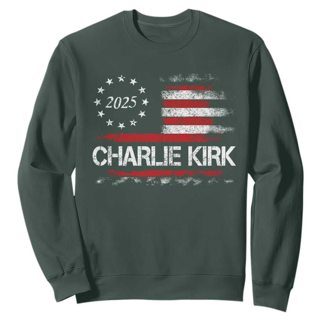 Charlie Kirk 2025 Sweatshirt Freedom Vintage American Flag TS11 Dark Forest Green Print Your Wear