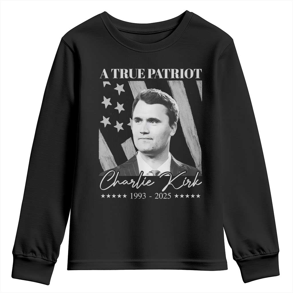 A True Patriot Charlie Kirk Youth Sweatshirt Vintage American Flag TS11 Black Print Your Wear