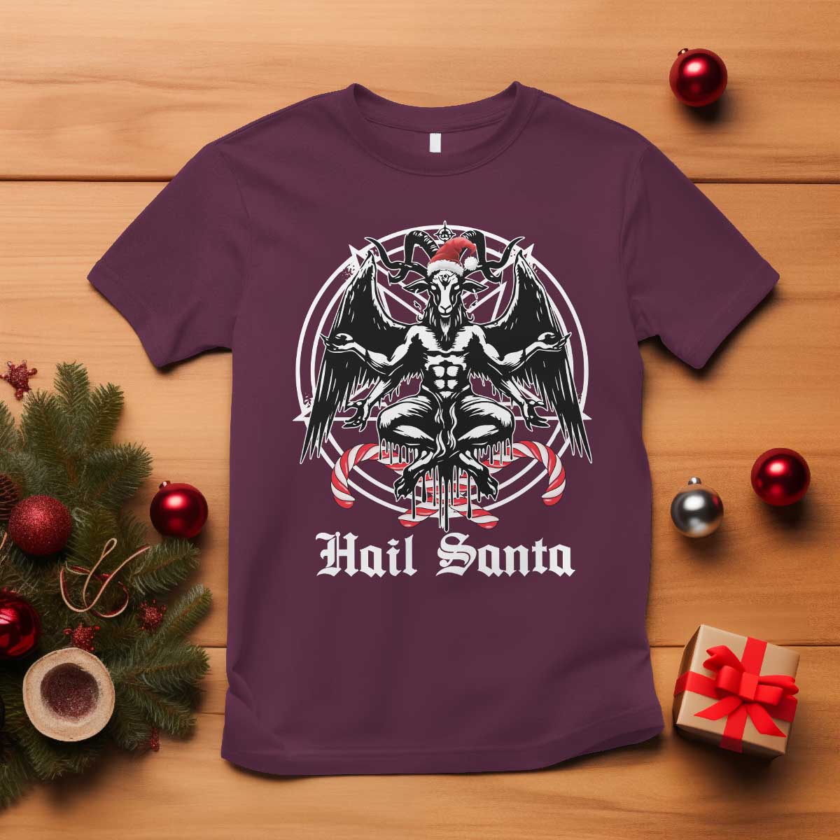 Hail Santa Gothic Christmas T Shirt Baphomet Gothmas Pentagram TS11 Maroon Print Your Wear