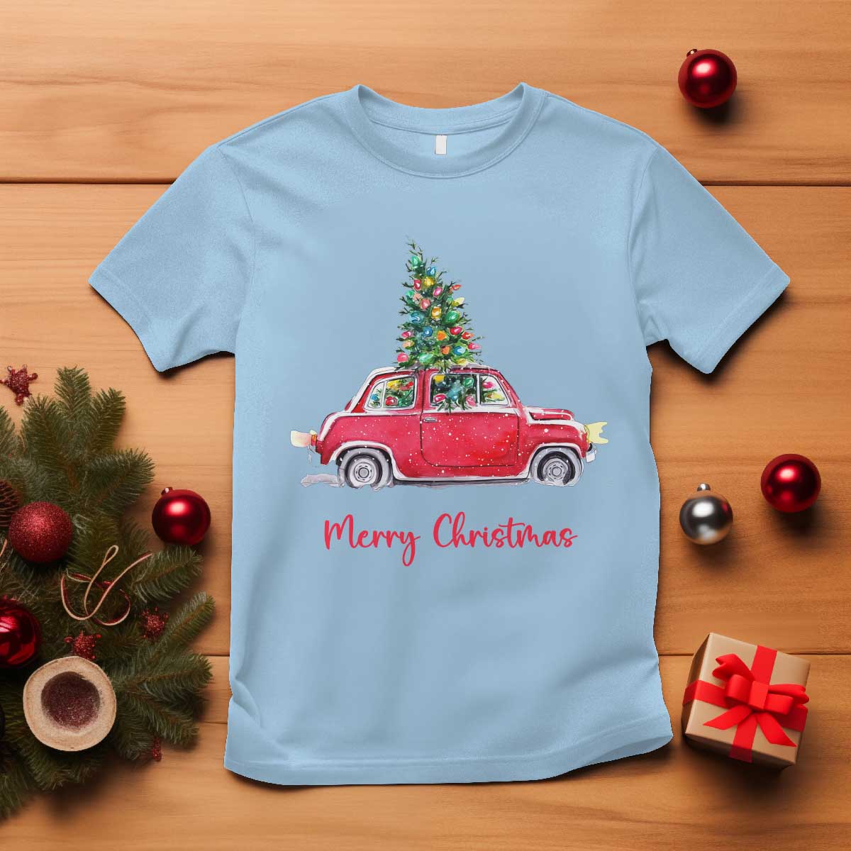 Merry Christmas T Shirt Vintage Xmas Tree Car TS11 Light Blue Print Your Wear
