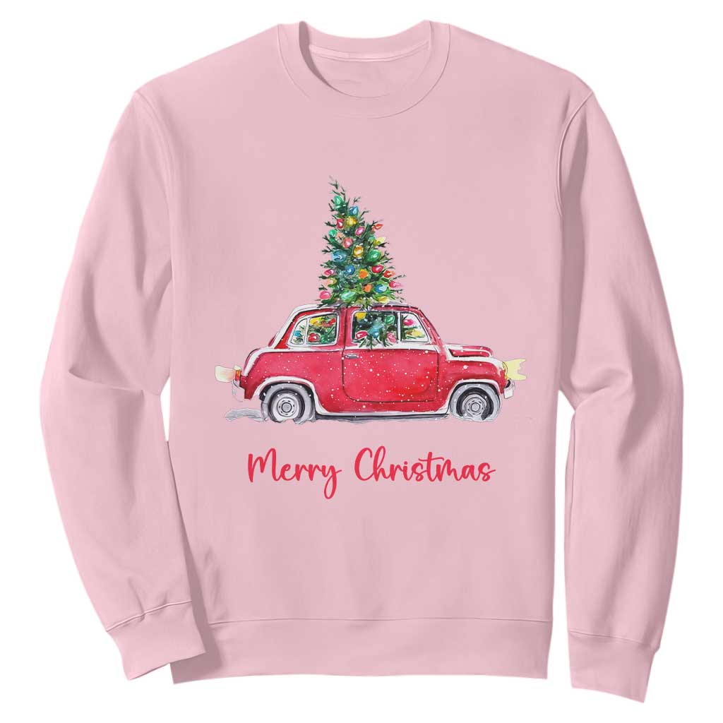 Merry Christmas Sweatshirt Vintage Xmas Tree Car TS11 Light Pink Print Your Wear