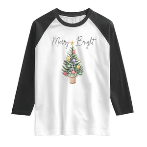 Christmas Raglan Shirt Merry And Bright Retro Xmas Tree TS11 White Black Print Your Wear