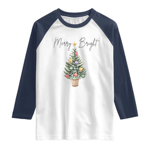 Christmas Raglan Shirt Merry And Bright Retro Xmas Tree TS11 White Navy Print Your Wear