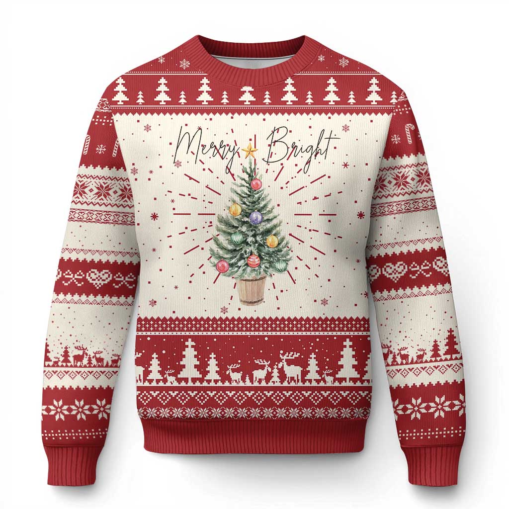Xmas Ugly Christmas Sweater Merry And Bright Retro Xmas Tree TS11 Red Print Your Wear