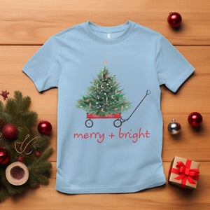 Christmas T Shirt Merry And Bright Retro Xmas Tree Wagon TS11 Light Blue Print Your Wear