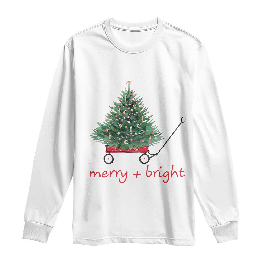 Christmas Long Sleeve Shirt Merry And Bright Retro Xmas Tree Wagon TS11 White Print Your Wear