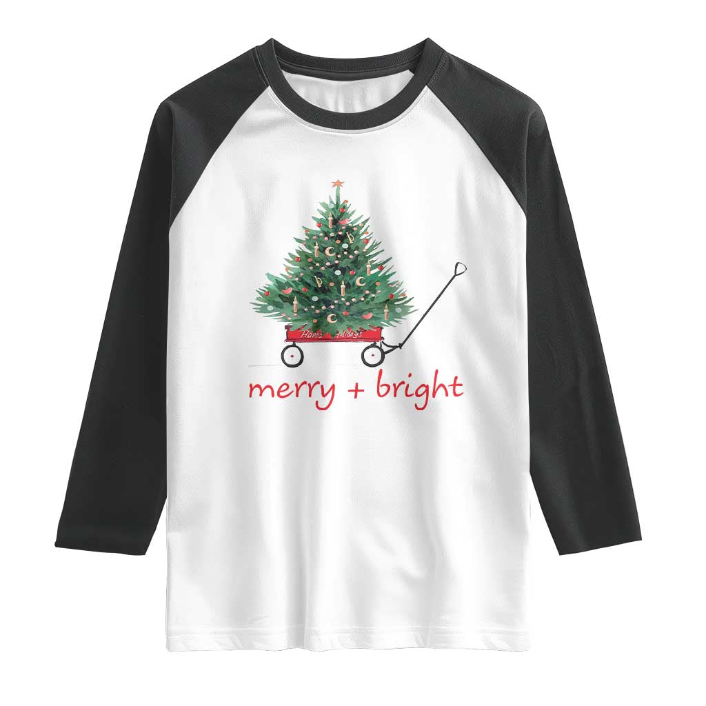 Christmas Raglan Shirt Merry And Bright Retro Xmas Tree Wagon TS11 White Black Print Your Wear
