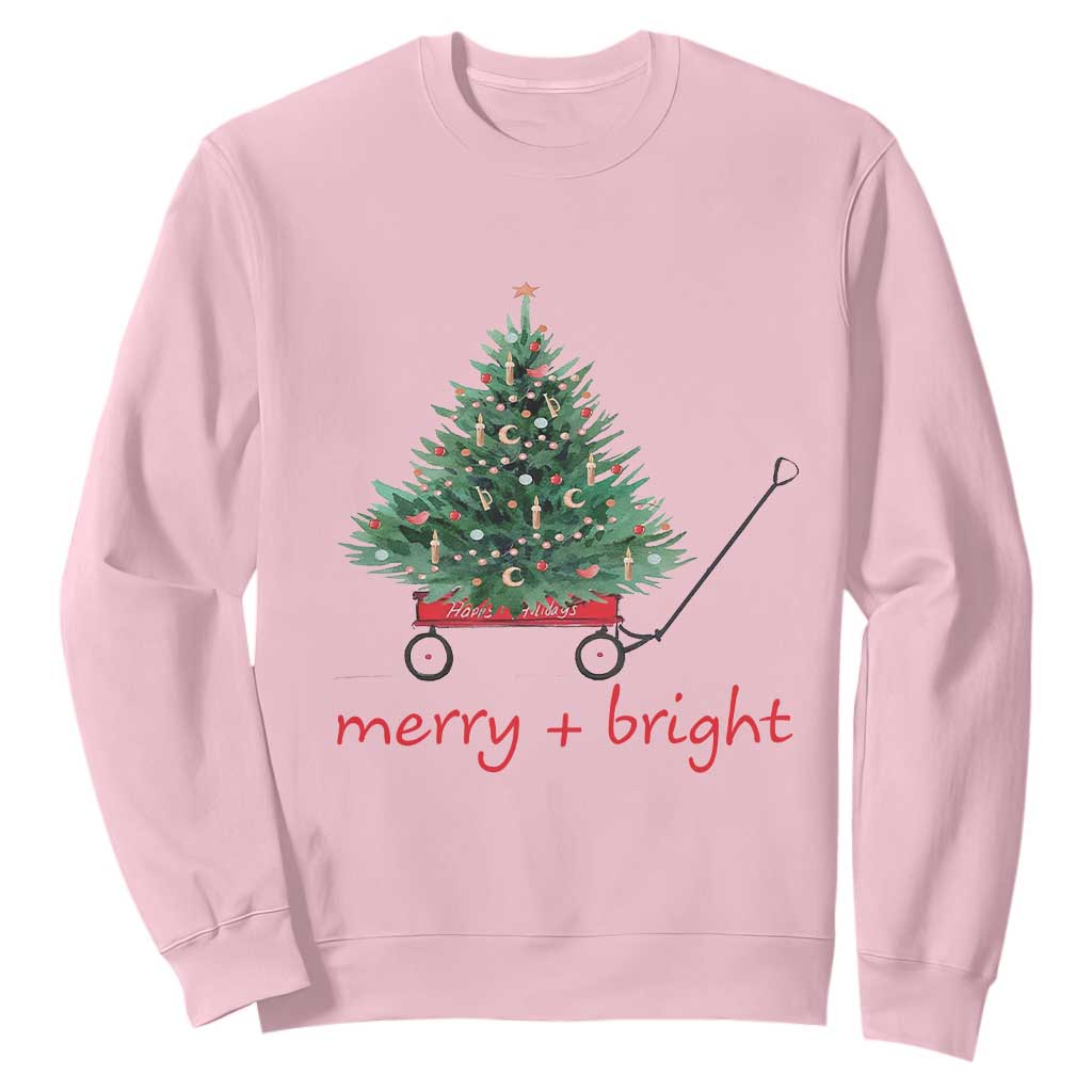 Christmas Sweatshirt Merry And Bright Retro Xmas Tree Wagon TS11 Light Pink Print Your Wear