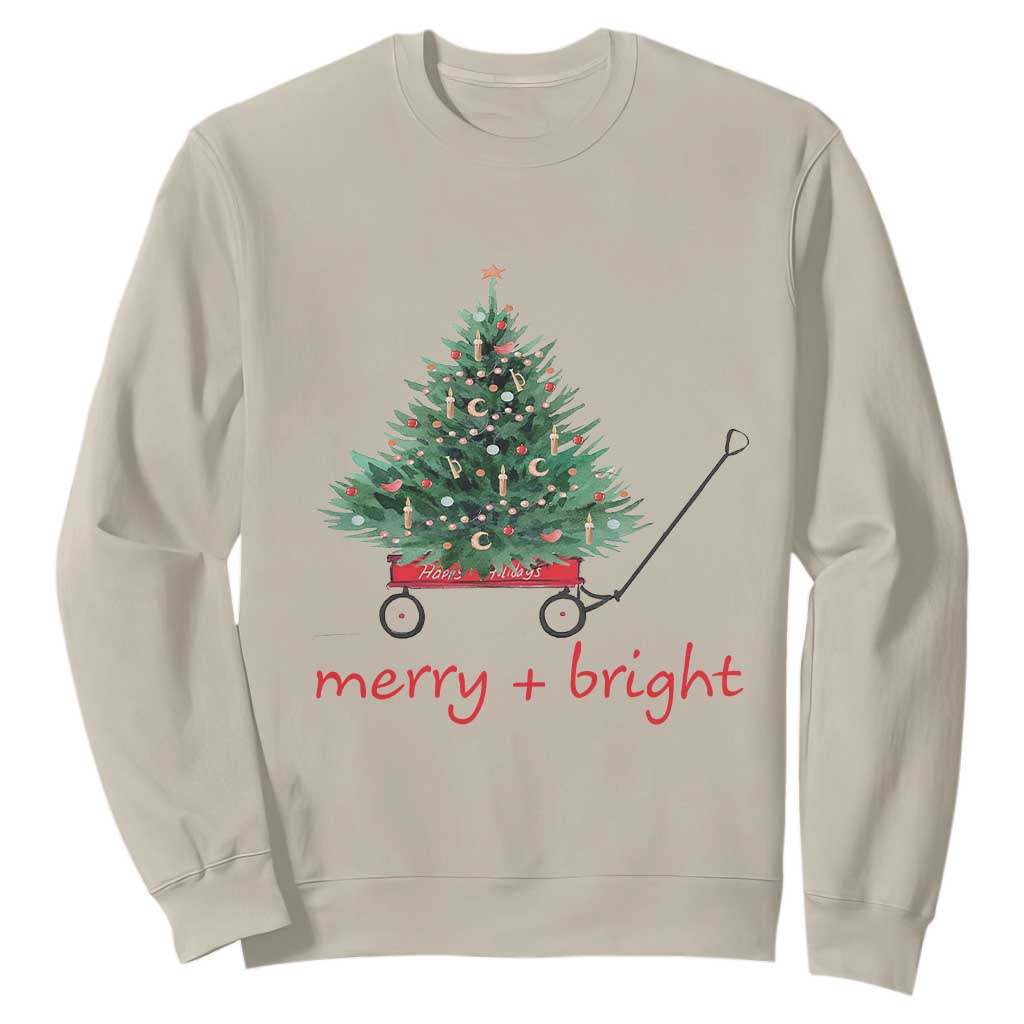 Christmas Sweatshirt Merry And Bright Retro Xmas Tree Wagon TS11 Sand Print Your Wear