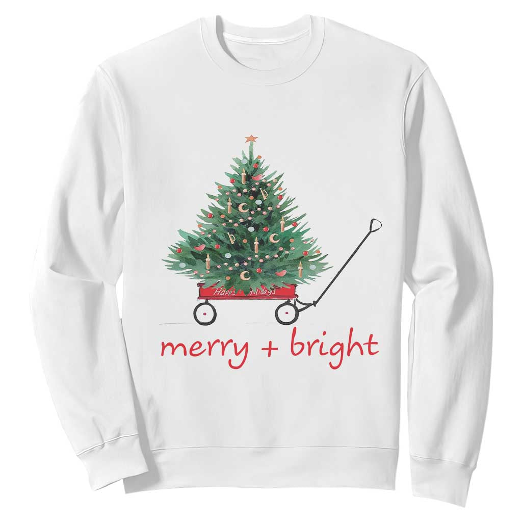 Christmas Sweatshirt Merry And Bright Retro Xmas Tree Wagon TS11 White Print Your Wear