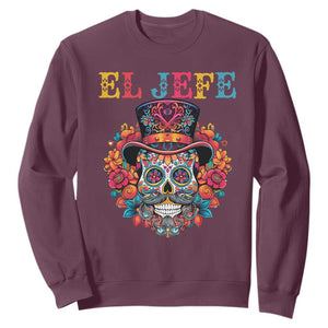 Day Of The Dead Sweatshirt El Jefe Sugar Skull Mexican Boss Spanish Dia De Los Muertos TS11 Maroon Print Your Wear