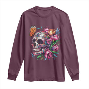 Day Of The Dead Long Sleeve Shirt Vintage Sugar Skull Flower Butterfly TS11 Maroon Print Your Wear