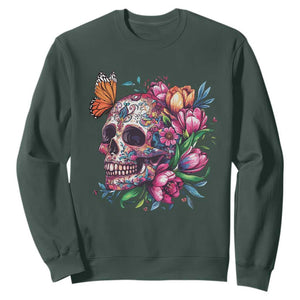 Day Of The Dead Sweatshirt Vintage Sugar Skull Flower Butterfly TS11 Dark Forest Green Print Your Wear