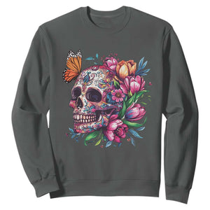 Day Of The Dead Sweatshirt Vintage Sugar Skull Flower Butterfly TS11 Dark Heather Print Your Wear