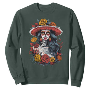 Day Of The Dead Sweatshirt La Catrina De Los Muertos Sugar Skull TS11 Dark Forest Green Print Your Wear