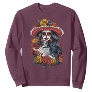 Day Of The Dead Sweatshirt La Catrina De Los Muertos Sugar Skull TS11 Maroon Print Your Wear