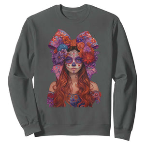 Day Of The Dead Sweatshirt La Catrina Coquette Calaca Face Painting TS11 Dark Heather Print Your Wear