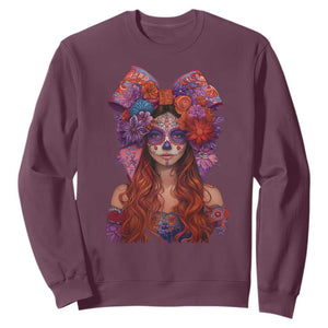 Day Of The Dead Sweatshirt La Catrina Coquette Calaca Face Painting TS11 Maroon Print Your Wear