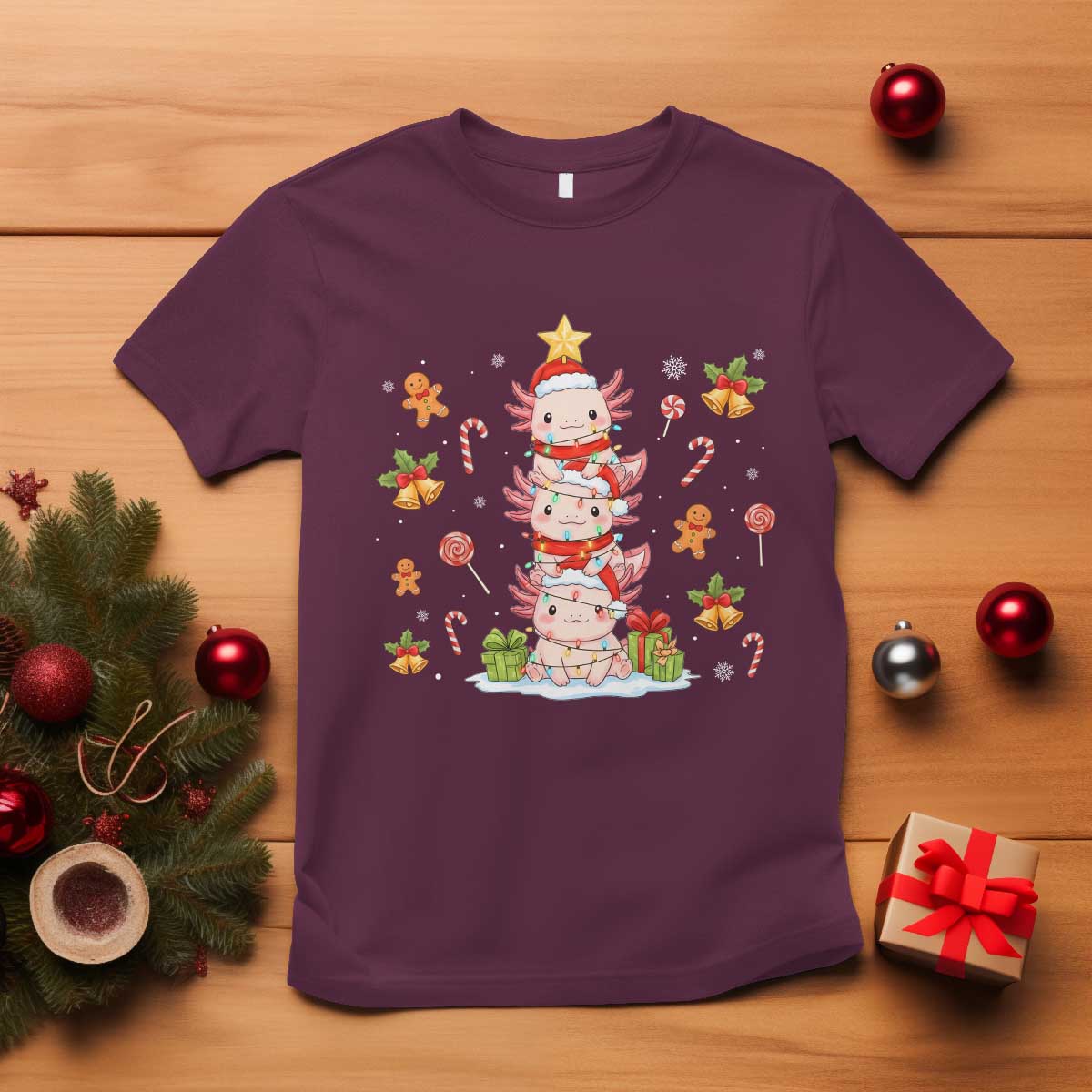 Funny Christmas Kawaii Axolotl Xmas Tree T Shirt TS11 Maroon Print Your Wear