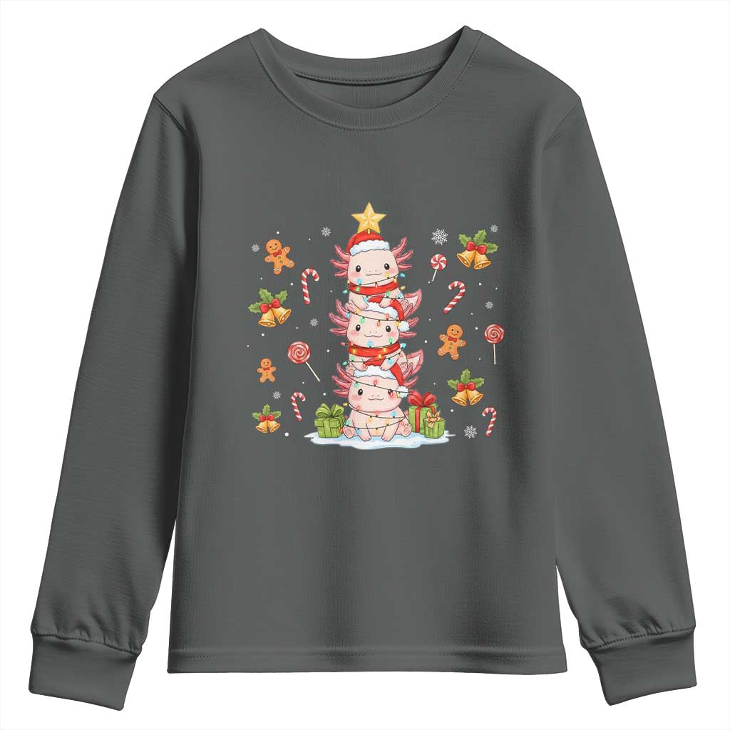 Funny Christmas Kawaii Axolotl Xmas Tree Youth Sweatshirt TS11 Dark Heather Print Your Wear