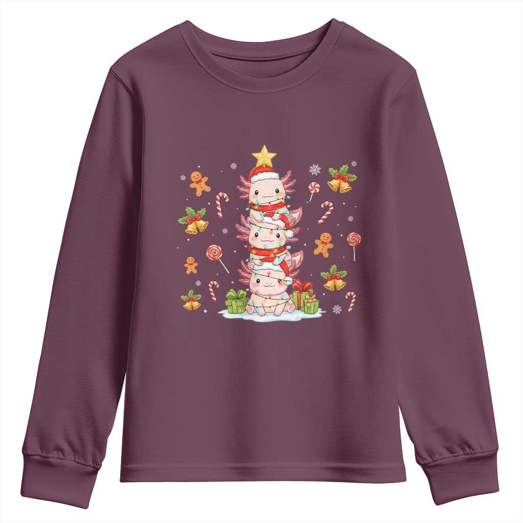 Funny Christmas Kawaii Axolotl Xmas Tree Youth Sweatshirt TS11 Maroon Print Your Wear