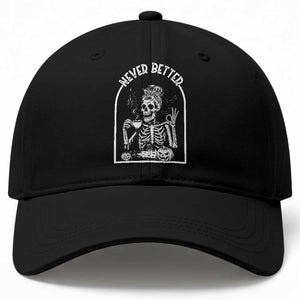 Funny Never Better Baseball Cap Halloween Skeleton Drinking Coffee Messy Bun
