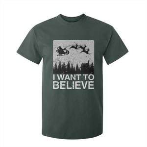 Funny Christmas Santa T Shirt For Kid I Want To Believe Sleigh With Reindeers TS11 Dark Forest Green Print Your Wear