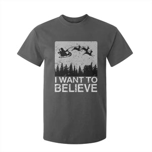 Funny Christmas Santa T Shirt For Kid I Want To Believe Sleigh With Reindeers TS11 Dark Heather Print Your Wear