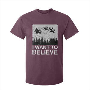 Funny Christmas Santa T Shirt For Kid I Want To Believe Sleigh With Reindeers TS11 Maroon Print Your Wear