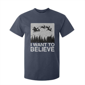 Funny Christmas Santa T Shirt For Kid I Want To Believe Sleigh With Reindeers TS11 Navy Print Your Wear