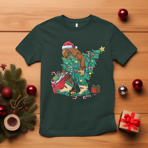 Funny Santa Bigfoot Christmas Tree T Shirt TS11 Dark Forest Green Print Your Wear