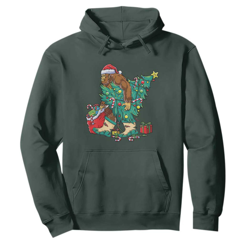 Funny Santa Bigfoot Christmas Tree Hoodie TS11 Dark Forest Green Print Your Wear