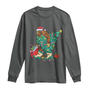 Funny Santa Bigfoot Christmas Tree Long Sleeve Shirt TS11 Dark Heather Print Your Wear