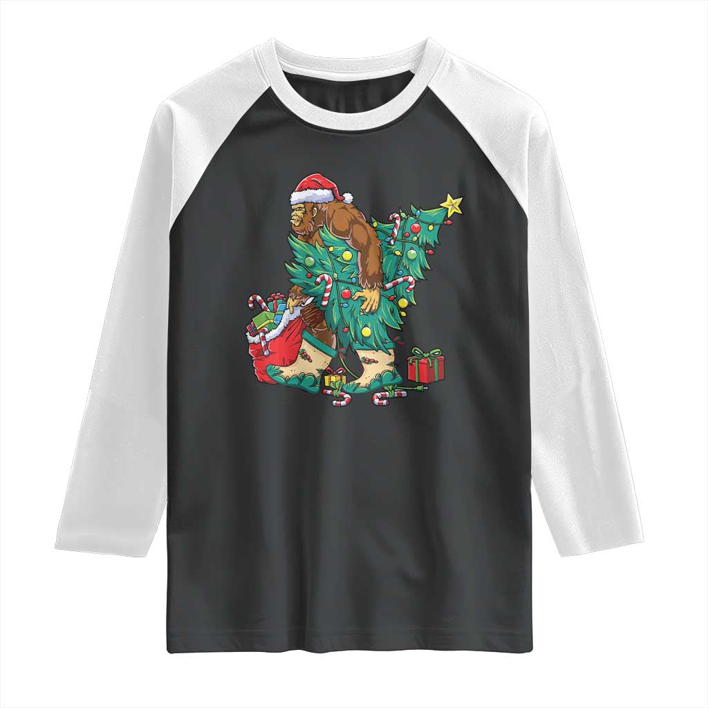 Funny Santa Bigfoot Christmas Tree Raglan Shirt TS11 Black White Print Your Wear